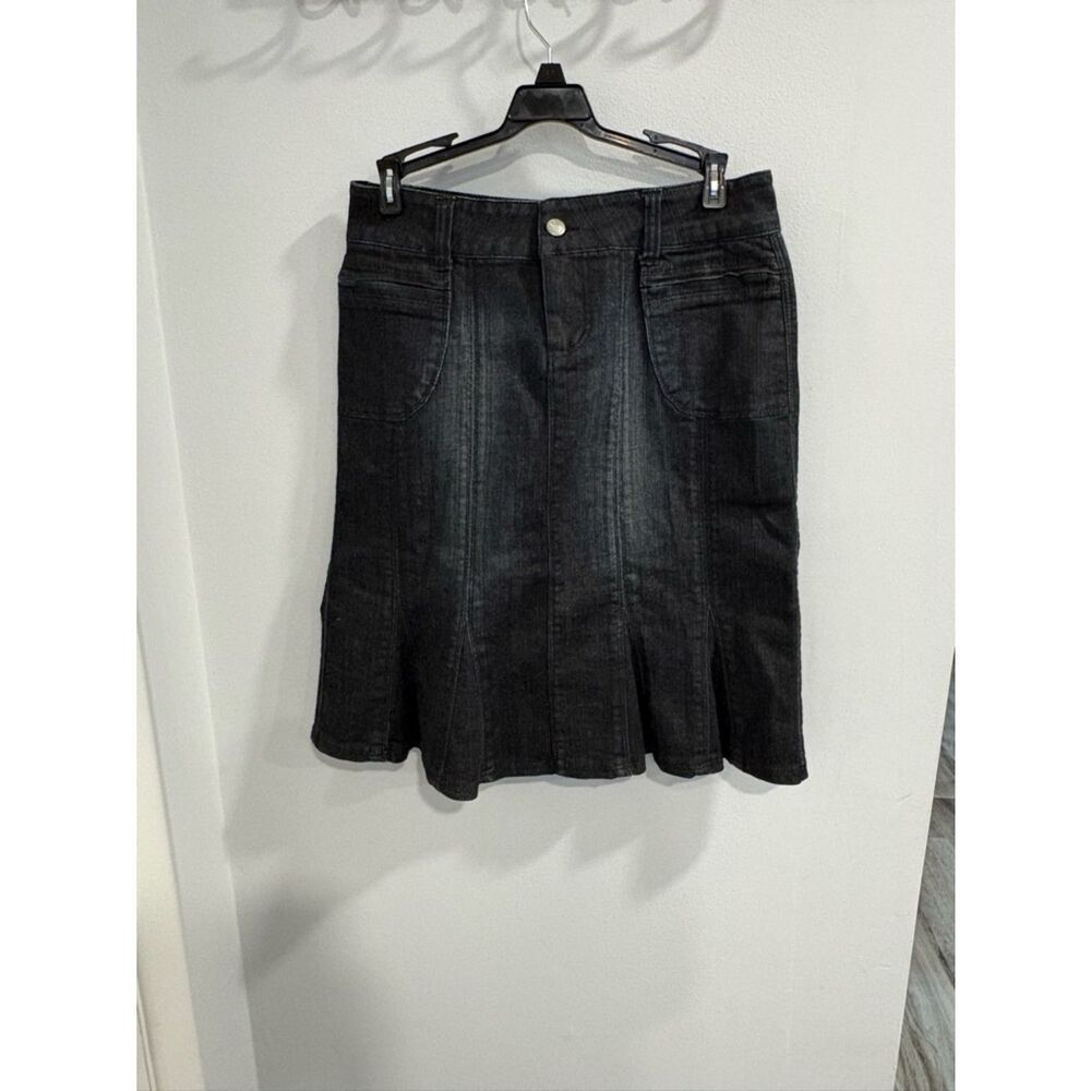 Cache Black Denim Midi Skirt with Flared Paneling
